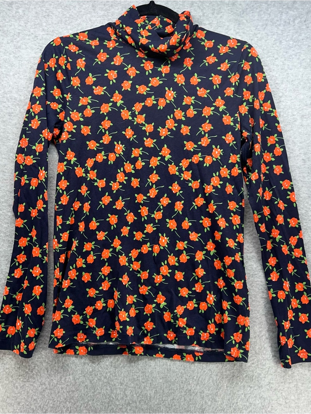 J. Crew Navy Turtleneck Long Sleeve with Orange Floral Pattern